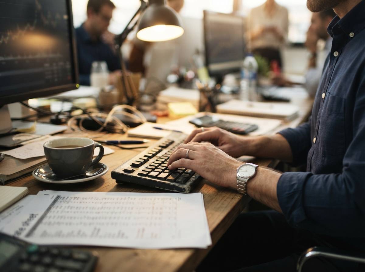 A bank analyst reviews printed interest rate figures at a cluttered desk.