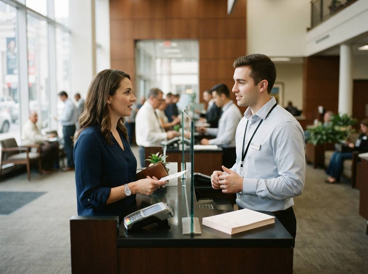A bank customer discusses account interest rates with a teller inside a branch lobby.