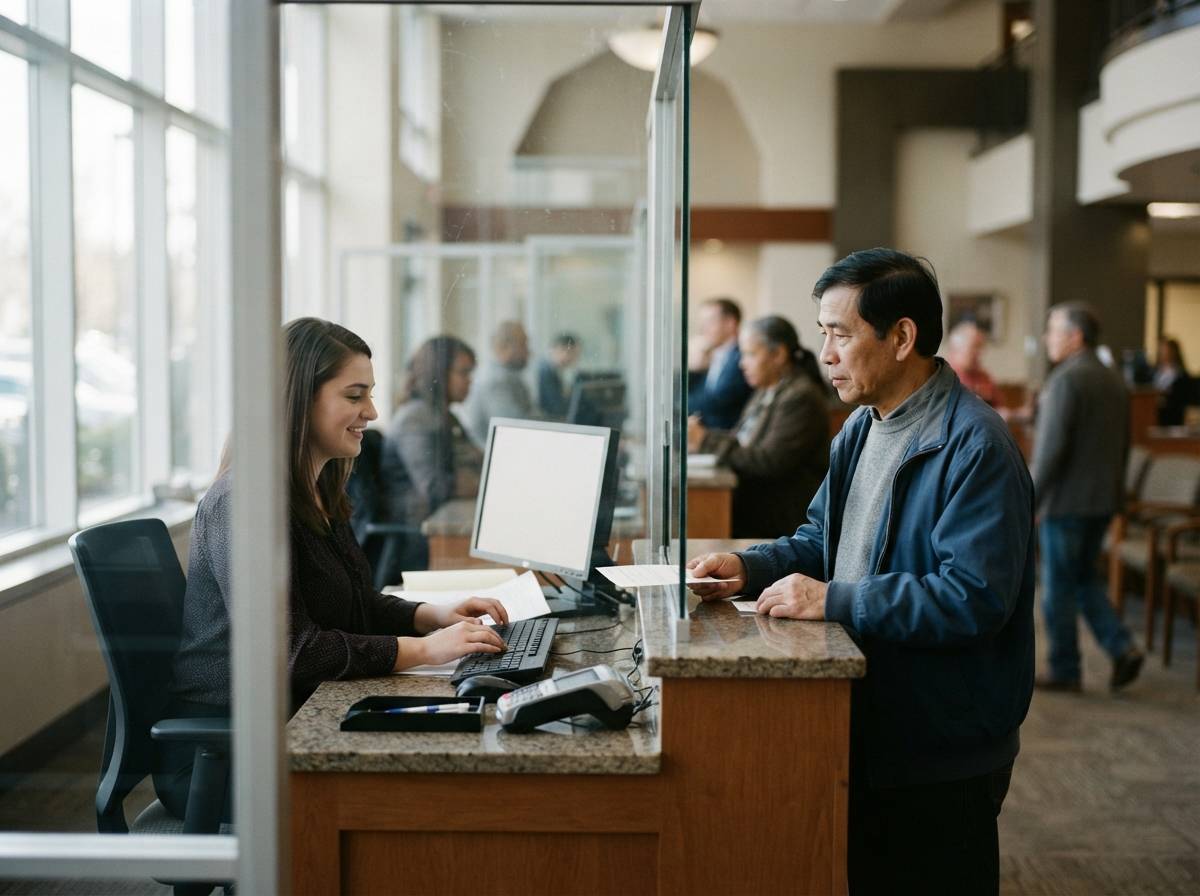 A bank teller assists a customer at a branch counter window during the day.