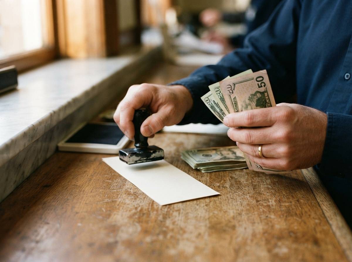 A bank teller counts cash and processes a paper withdrawal slip at the counter.