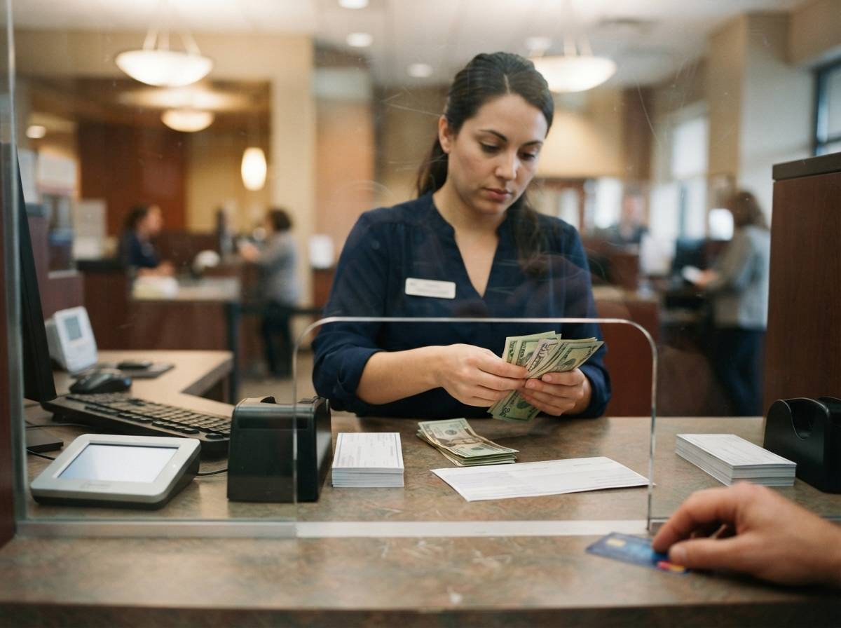 A bank teller counts cash behind the teller window while processing a deposit.
