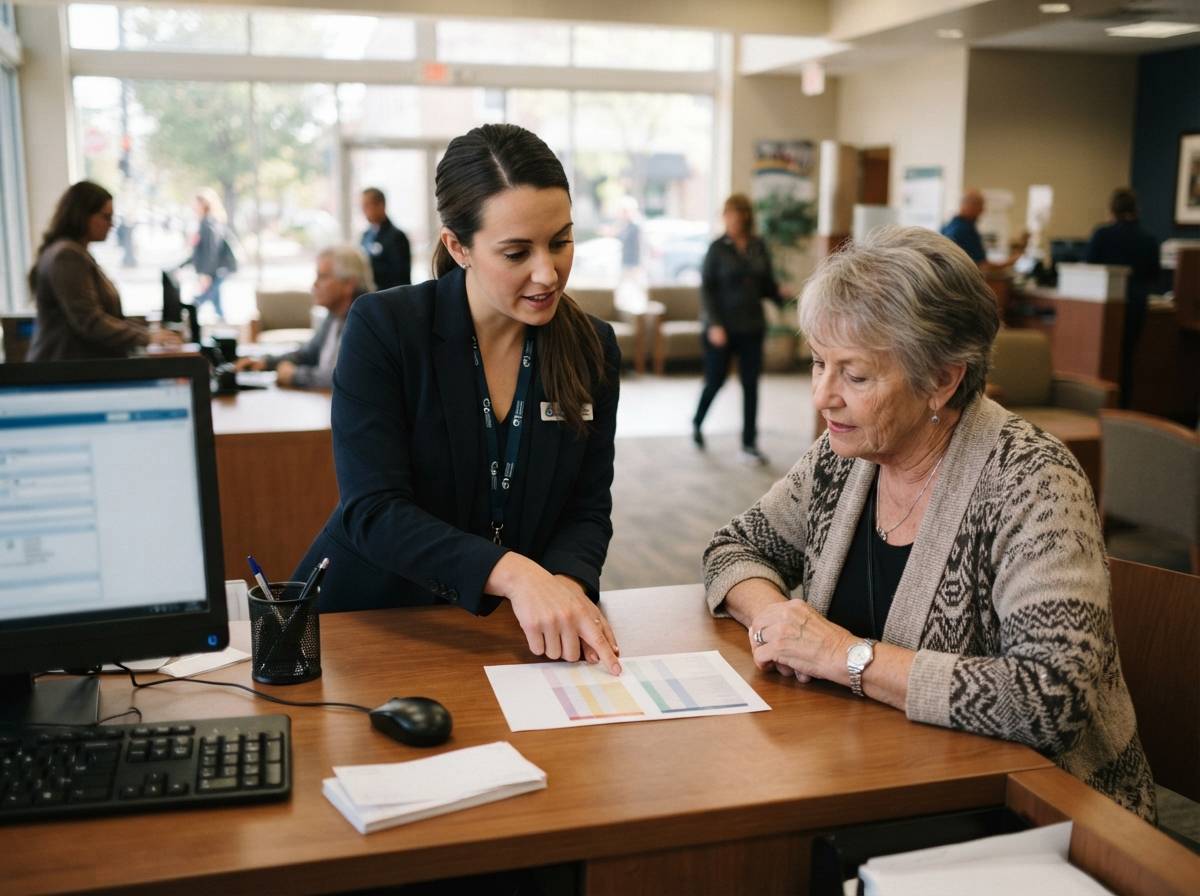 A bank teller explains account details to a customer at a credit union counter.