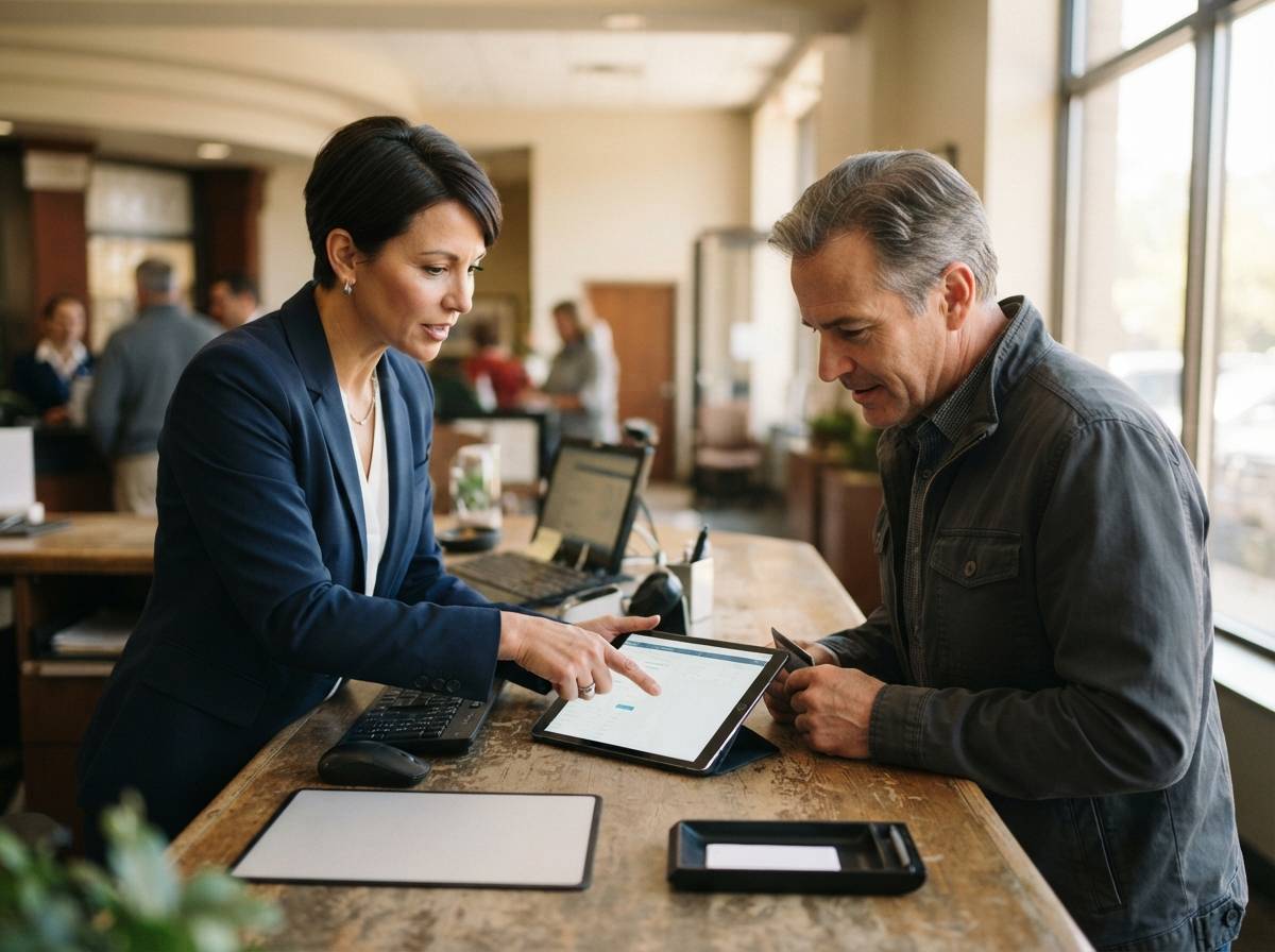 A bank teller helps a customer review account details on a tablet at a service desk.