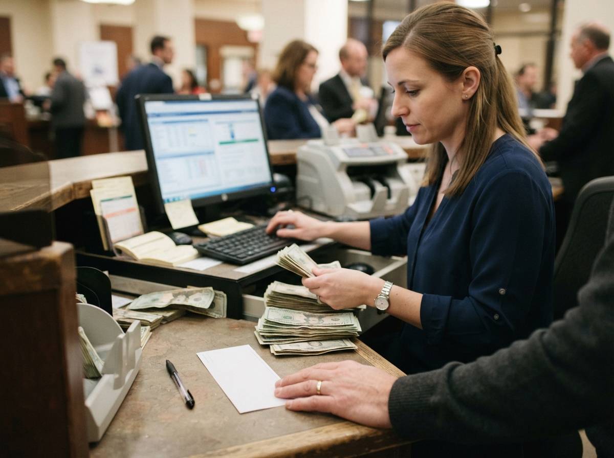 A bank teller processes a deposit at the counter while a customer waits nearby.