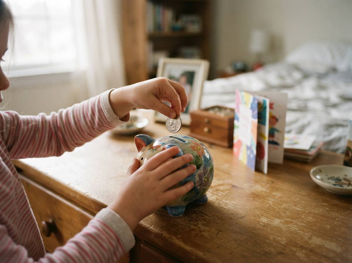 A child's hand drops a coin into a piggy bank on a dresser.