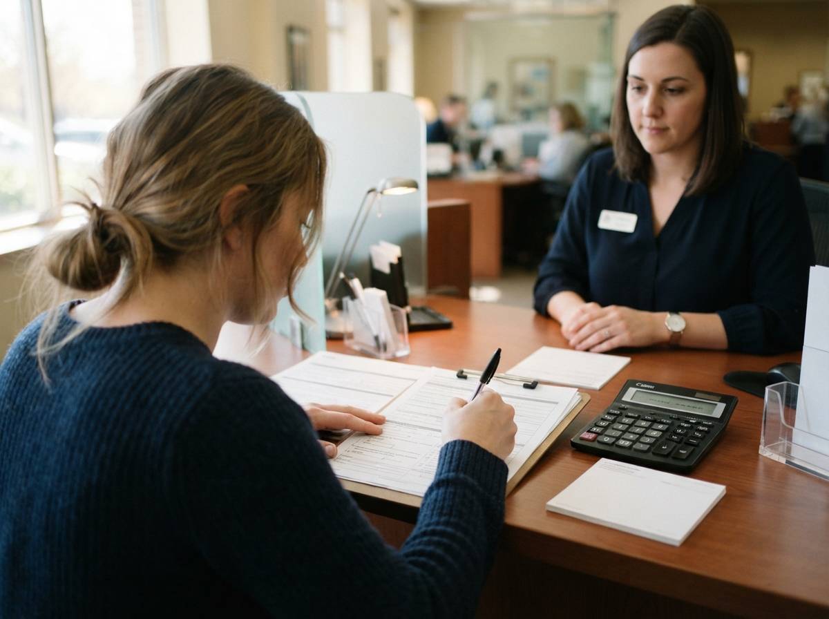 A close up of hands filling out bank account opening forms at a teller counter.