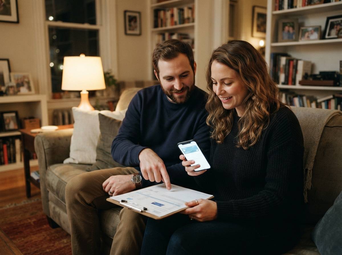 A couple reviews a bank transfer on a phone alongside a printed statement while sitting on their living room couch.