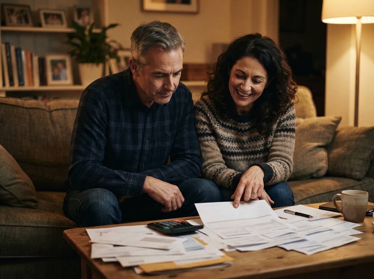 A couple reviews their bank statements together on the sofa while discussing their savings options.