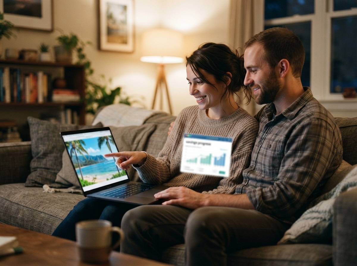 A couple reviews their vacation savings progress on a laptop while planning a trip to Hawaii.
