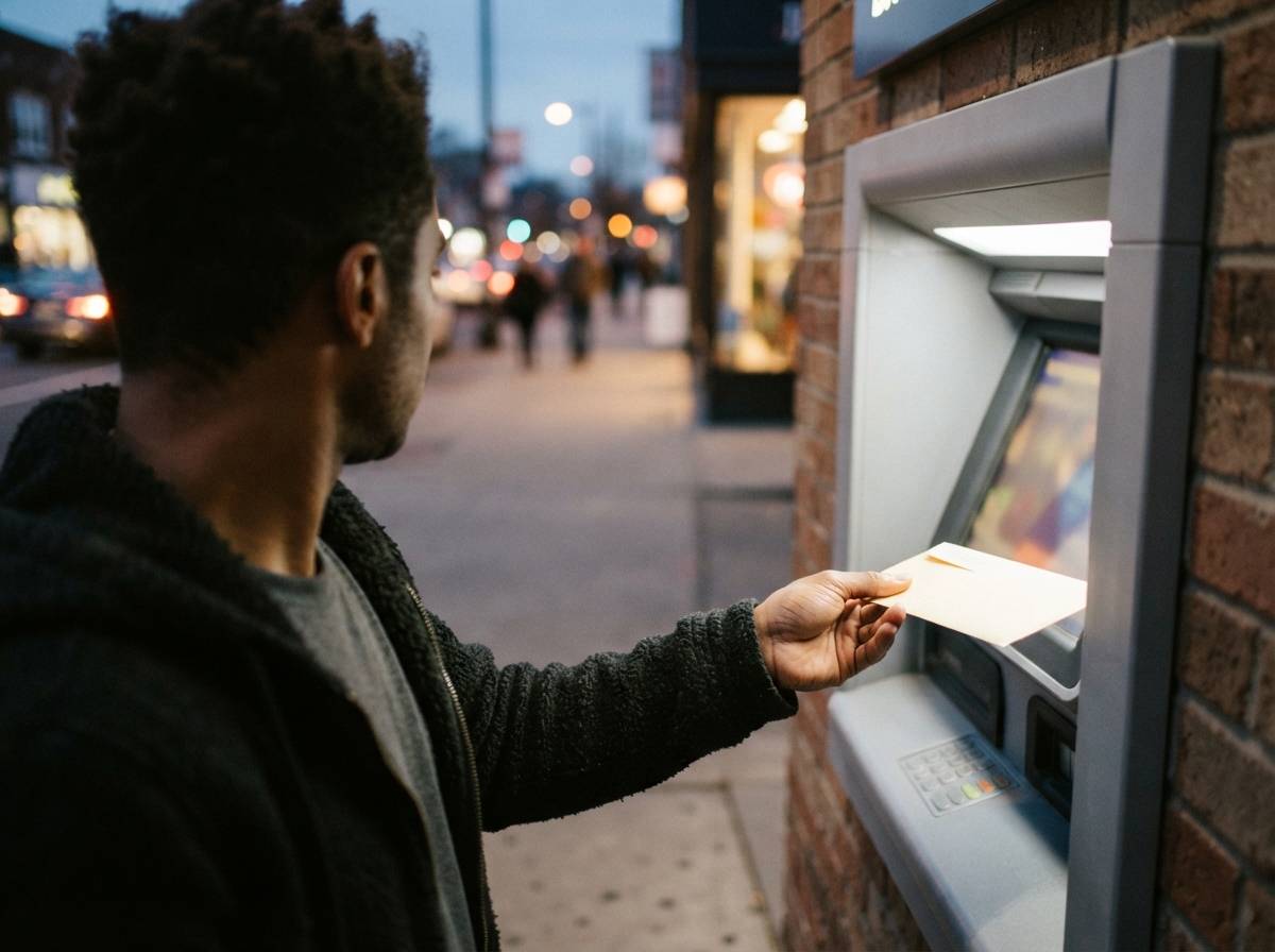 A customer deposits an envelope of cash into a bank ATM at night.