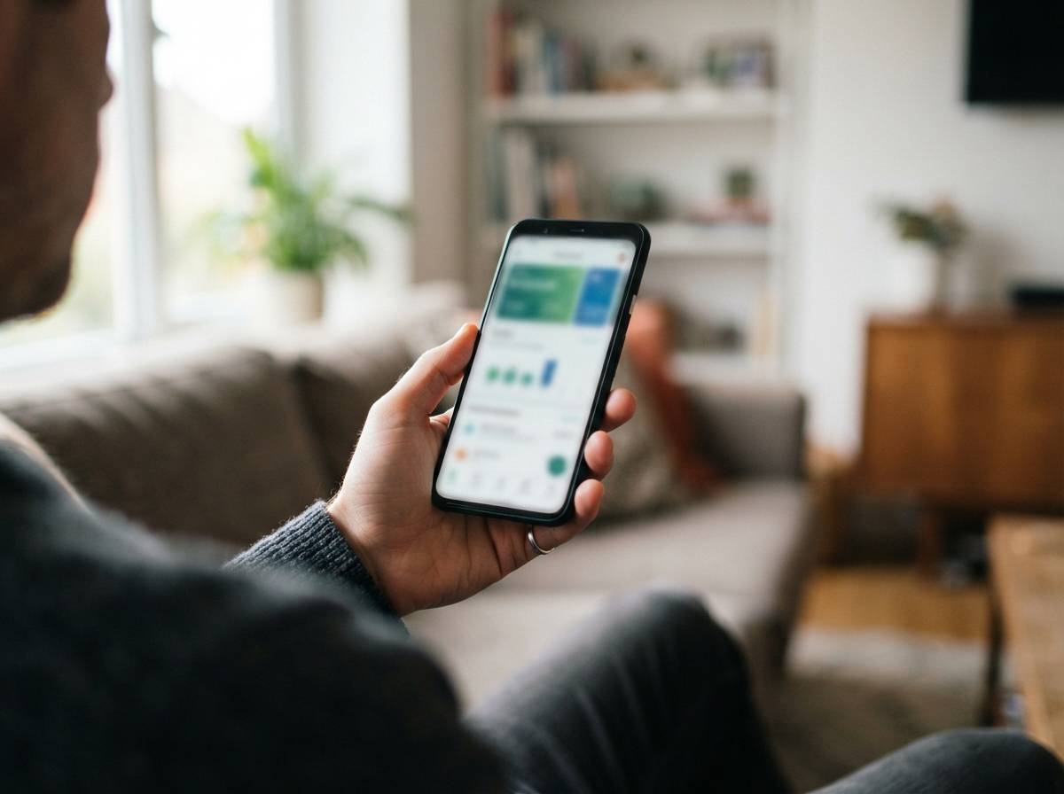 A hand holds a smartphone showing a savings account balance in a banking app.