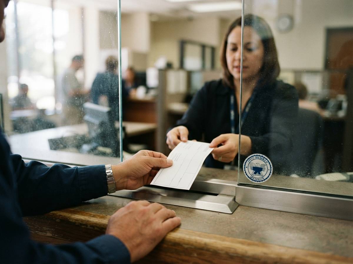 A hand passes a deposit slip through a bank teller window with an FDIC decal visible on the glass.