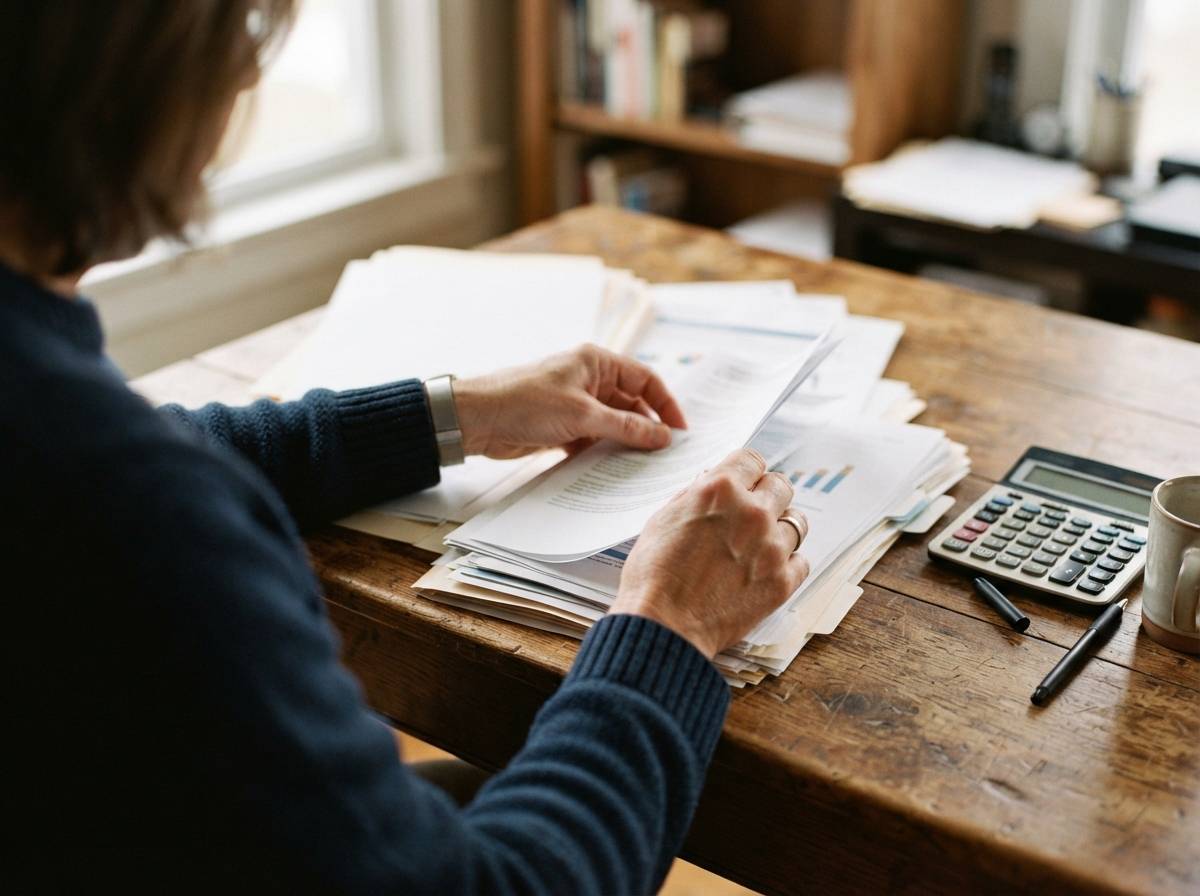 A person fills out retirement plan enrollment paperwork at a desk with a calculator nearby.