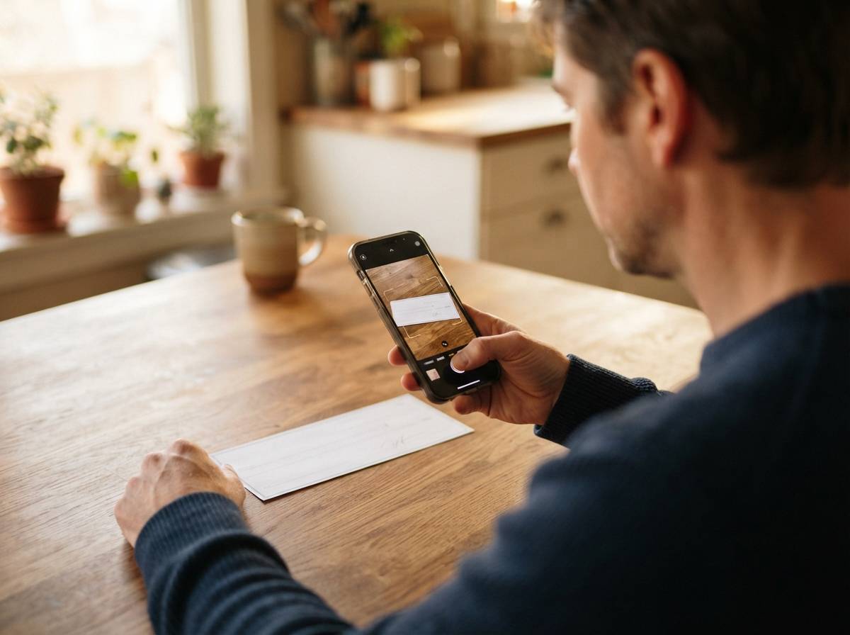 A person photographs a paper check with a mobile banking app to deposit it from home.