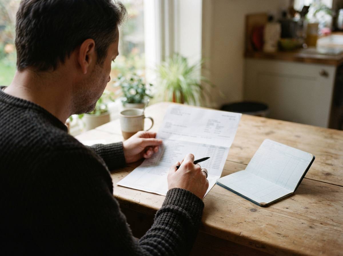 A person reviews a printed bank statement showing savings account transactions at home.