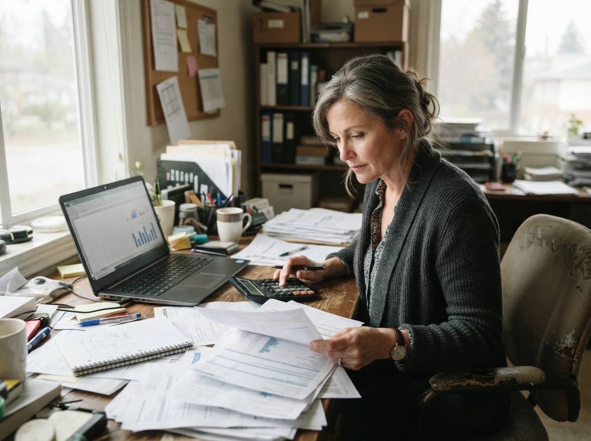 A small business owner reviews printed bank statements and a spreadsheet while managing company cash reserves.