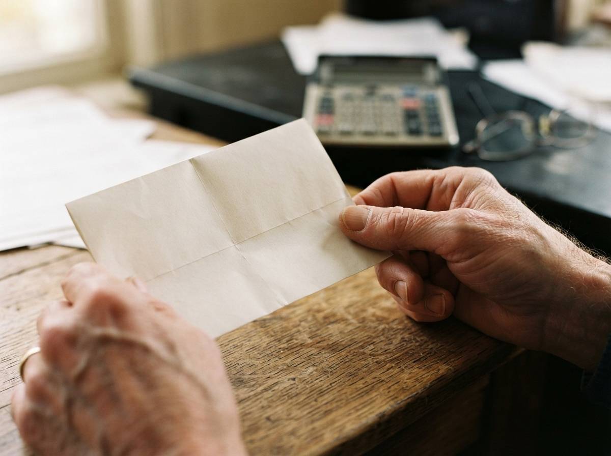 Close up of hands holding a paper savings account statement on a desk with a calculator nearby.