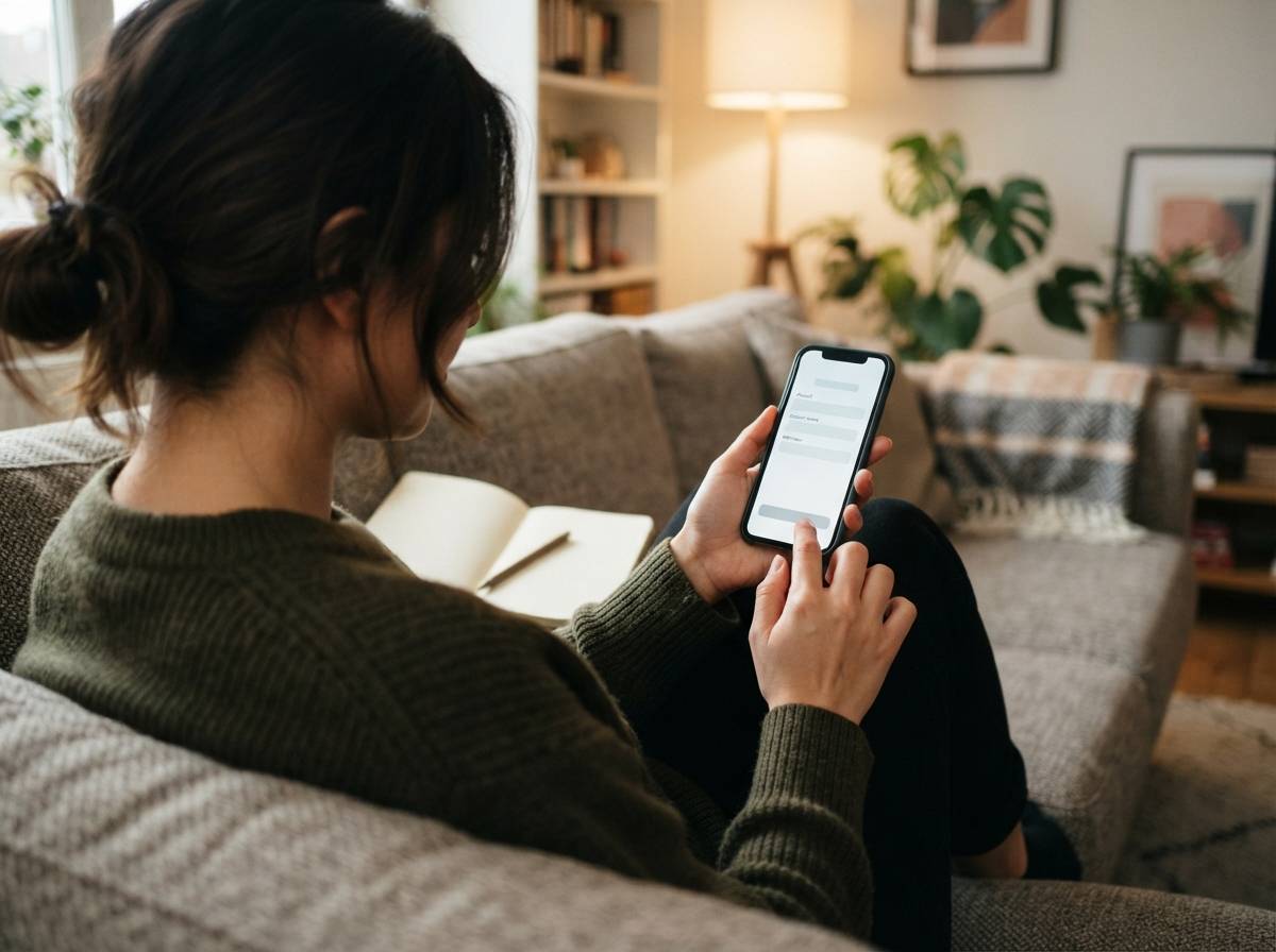 Close up of hands holding a smartphone showing a mobile banking transfer screen.