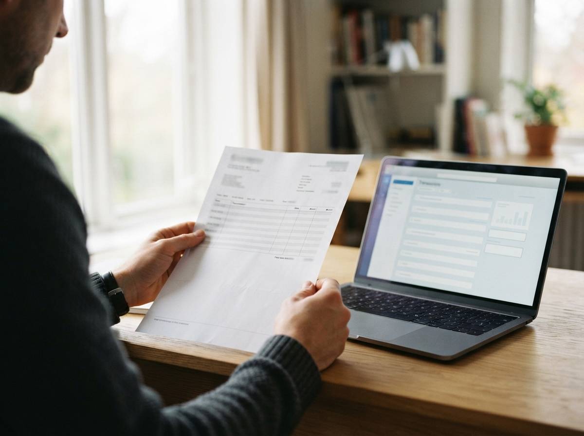 Hands reviewing a printed bank statement beside a laptop showing transaction history.