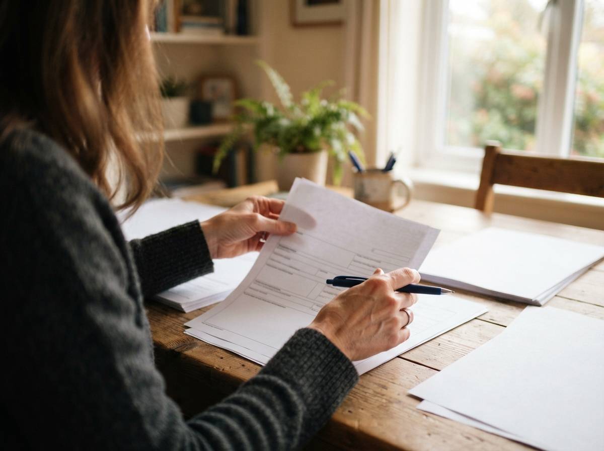 Hands sorting through retirement plan enrollment paperwork on a desk.