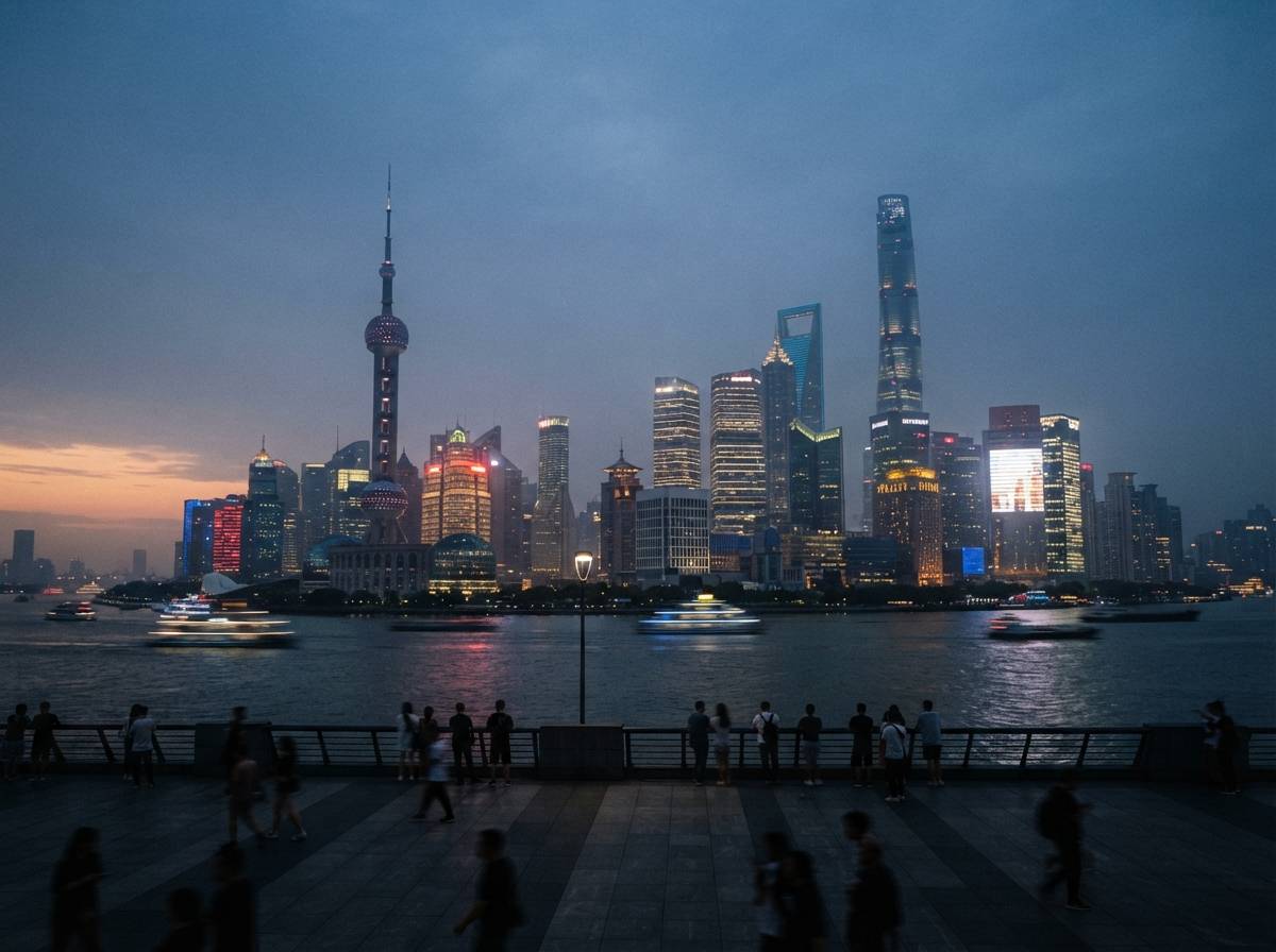 The skyline of Shanghai's financial district lit up at dusk, seen from across the river.